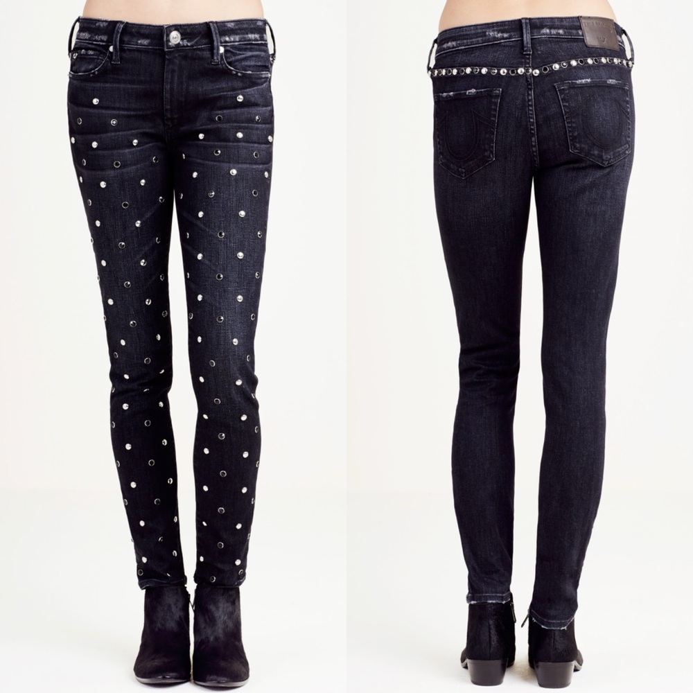 True religion‎ halle rhinestone studded skinny jeans mid rise